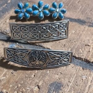 Silver Celtic Hair Barrettes with Blue Flower Clip
